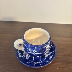 Hand-Painted Blue and White Ceramic Cup and Saucer